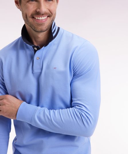 Polo à manches longues en piqué coton ciel dessous de col rayé