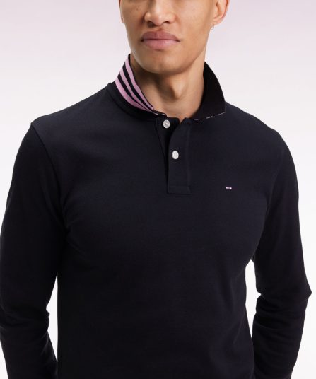 Polo à manches longues en piqué coton noir dessous de col rayé