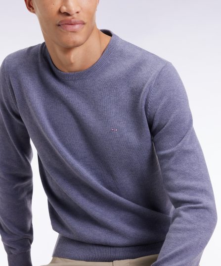 Pull col rond en laine et coton bleu