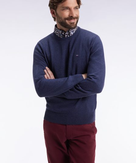 Pull col rond en laine et coton bleu foncé