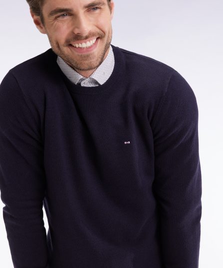 Pull col rond en laine et coton marine