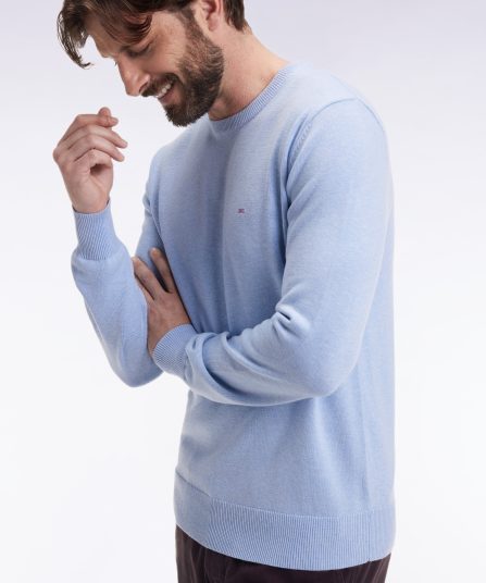 Pull col rond en laine et coton ciel