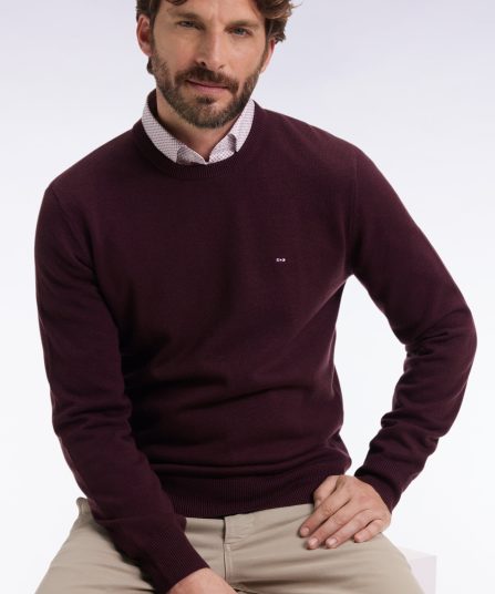 Pull col rond en laine et coton bordeaux