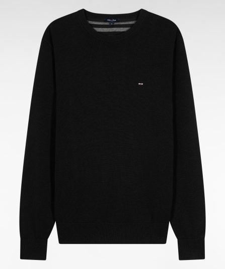 Pull col rond en laine et coton noir
