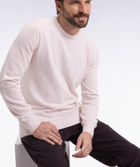 Pull col rond en laine et coton écru