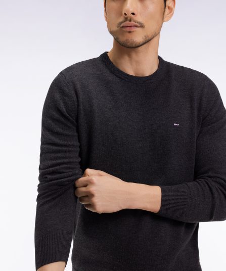 Pull col rond en laine et coton gris foncé
