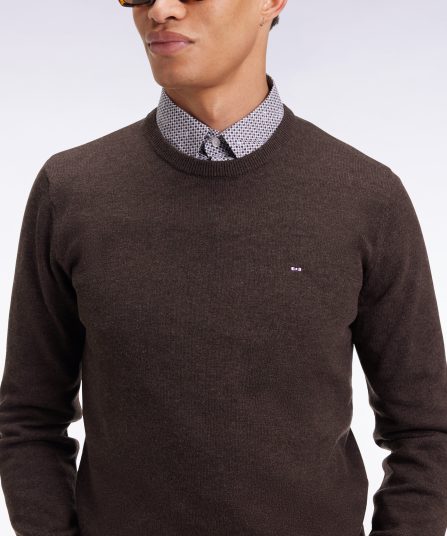 Pull col rond en laine et coton marron foncé