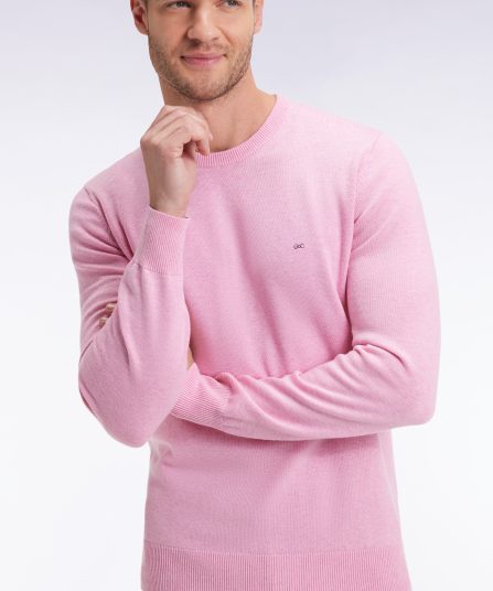 Pull col rond en laine et coton rose
