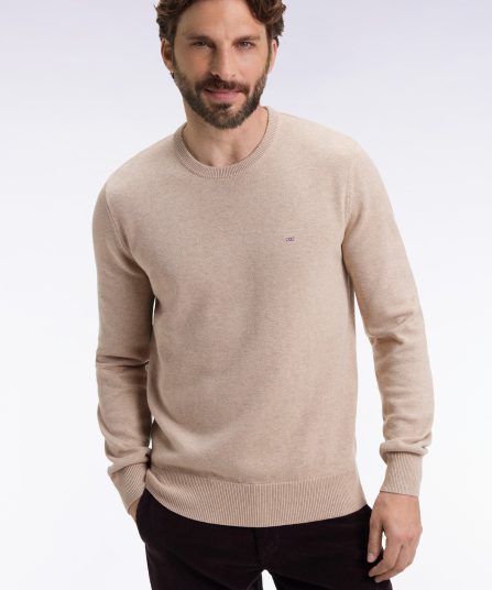 Pull col rond en laine et coton beige