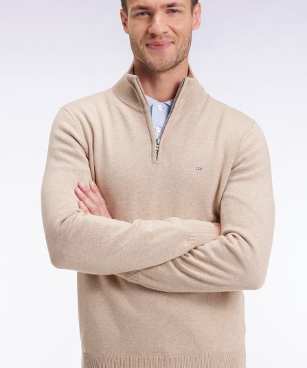 Pull col camionneur en laine et coton beige