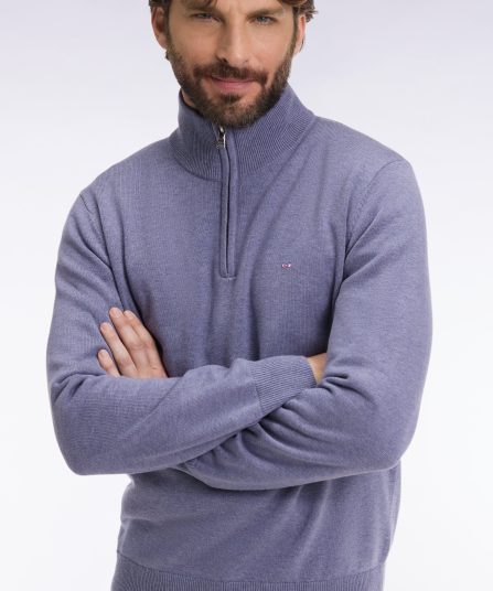 Pull col camionneur en laine et coton bleu gris