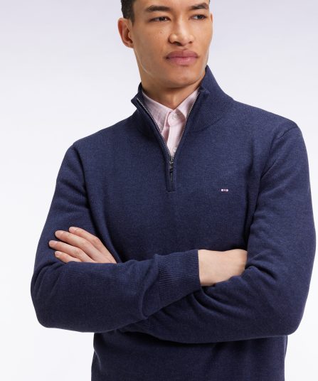 Pull col camionneur en laine et coton bleu