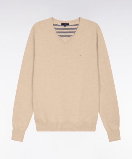 Pull col V en laine et coton camel