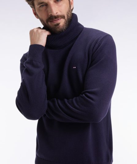 Pull col roulé en laine et coton marine