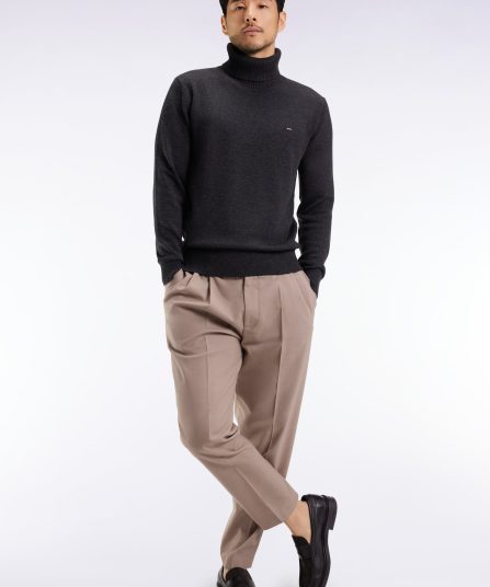 Pull col roulé en laine et coton gris foncé