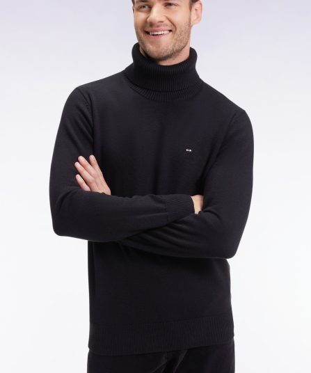 Pull col roulé en laine et coton noir