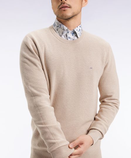 Pull col rond en coton nid d'abeille beige