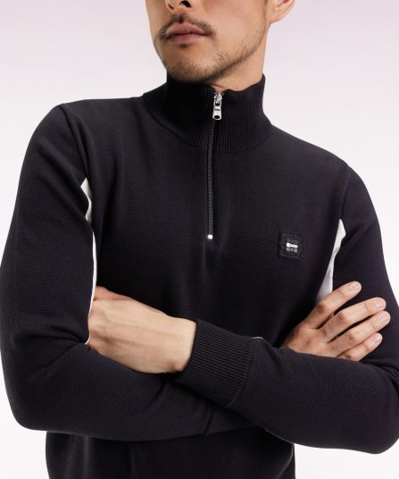 Pull col camionneur en coton noir à manches contrastées tricolores