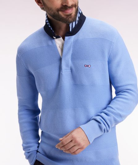 Pull col maillot en coton ciel à effet de rayure