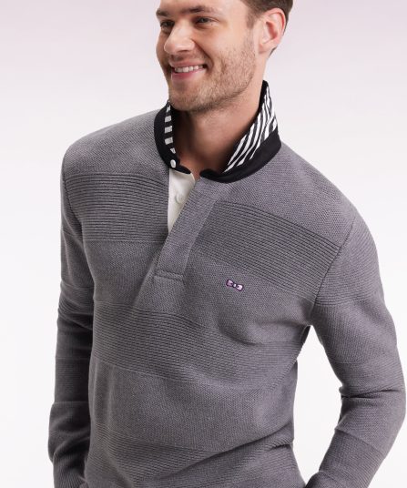 Pull col maillot en coton gris à effet de rayure