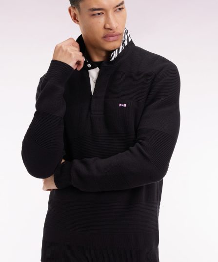 Pull col maillot en coton noir à effet de rayure