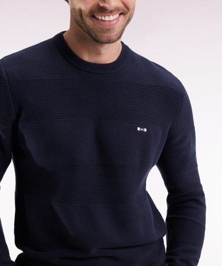 Pull col rond en coton marine à effet de rayure