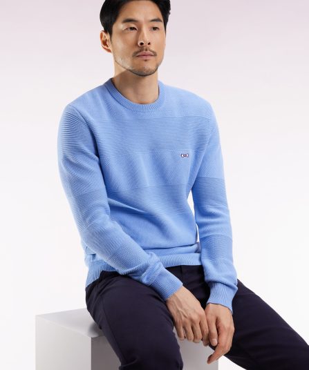 Pull col rond en coton ciel à effet de rayure