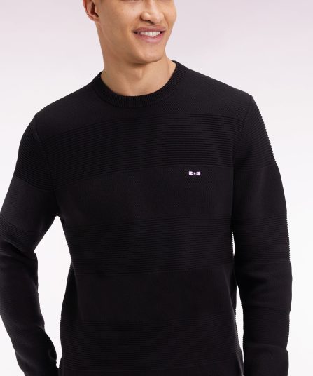 Pull col rond en coton noir à effet de rayure