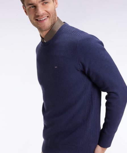 Pull col rond en coton nid d'abeille marine