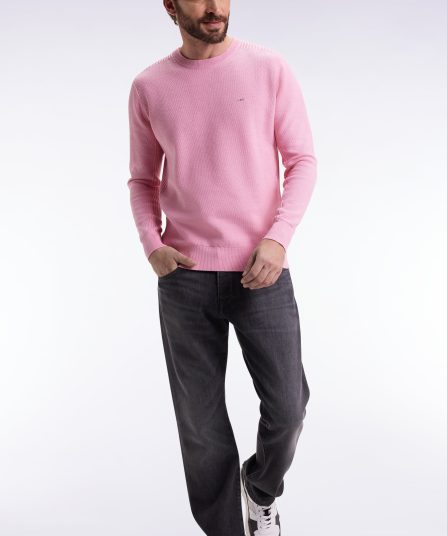 Pull col rond en coton nid d'abeille rose