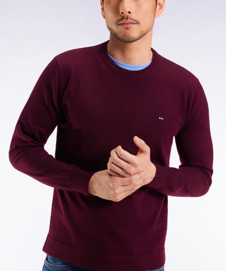 Pull col rond en laine mérinos bordeaux