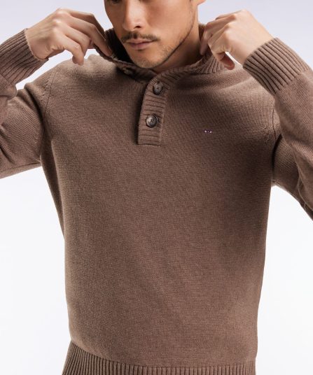 Pull col montant épais en laine et coton marron