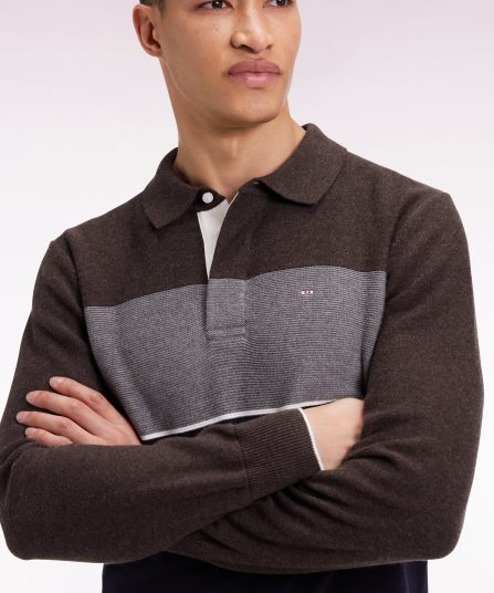 Pull col maillot en laine et coton marine marron et gris