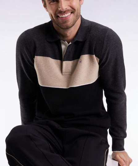 Pull col maillot en laine et coton noir gris et beige