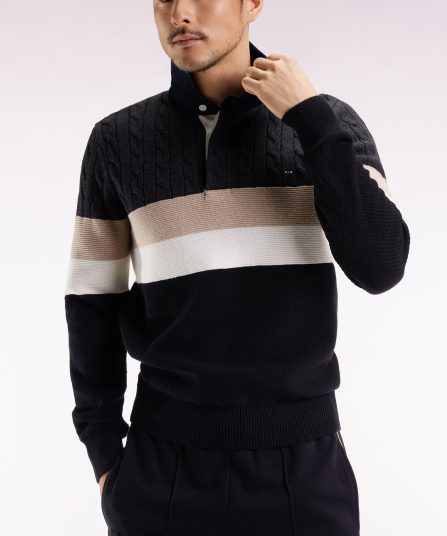 Pull col maillot en laine et coton torsadé noir et gris