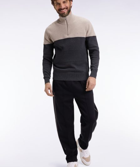 Pull col camionneur en coton gris à effet de rayure