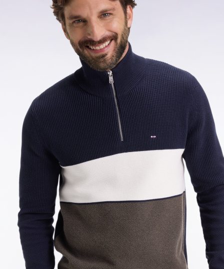 Pull col camionneur en coton marron et marine à effet de rayure