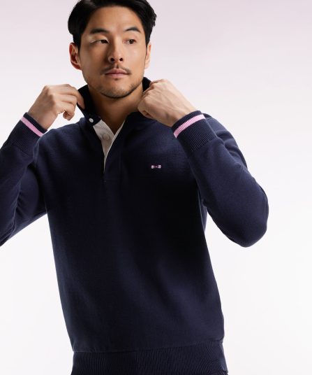 Pull col maillot en coton marine broderie 10