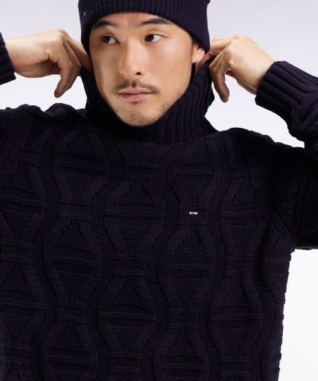 Pull épais à col roulé en laine et coton marine