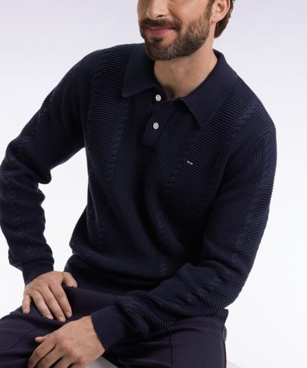 Pull à col polo bleu en coton marine