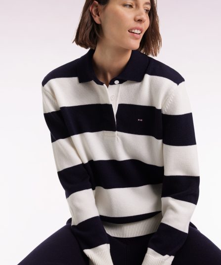 Pull à col maillot en laine et coton à rayures rugby marine et blanc coupe Relaxed