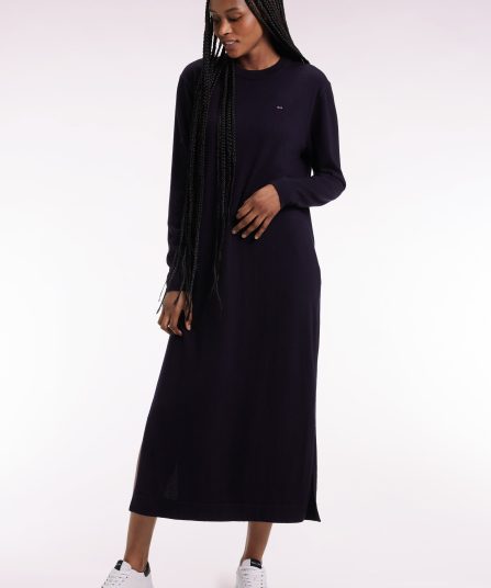 Robe en laine mérinos marine à col rond