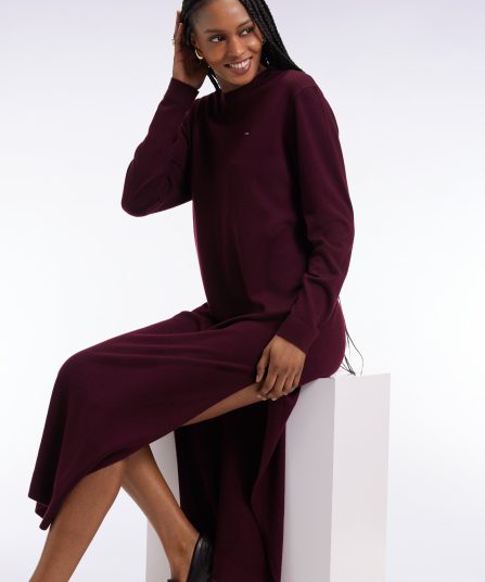 Robe en laine mérinos bordeaux à col rond