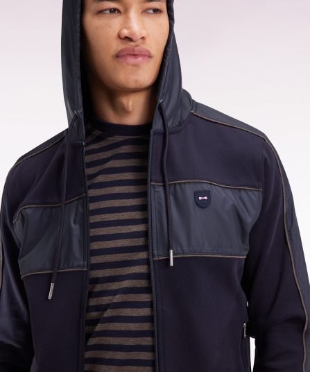 Sweatshirt zippé à capuche en molleton et nylon marine et beige