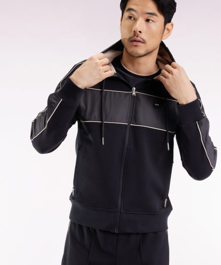 Sweatshirt zippé à capuche en molleton et nylon noir et beige