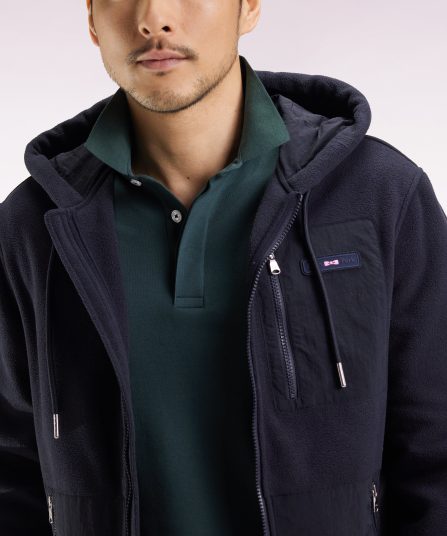 Sweatshirt zippé à capuche bimatière marine coupe droite