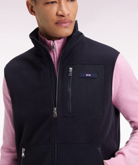 Sweatshirt sans manches zippé à capuche bimatière marine coupe droite