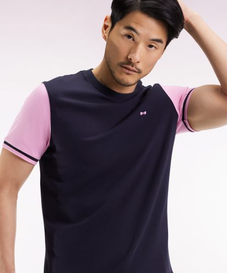 T-shirt à manches courtes bicolore en coton brodé marine et rose