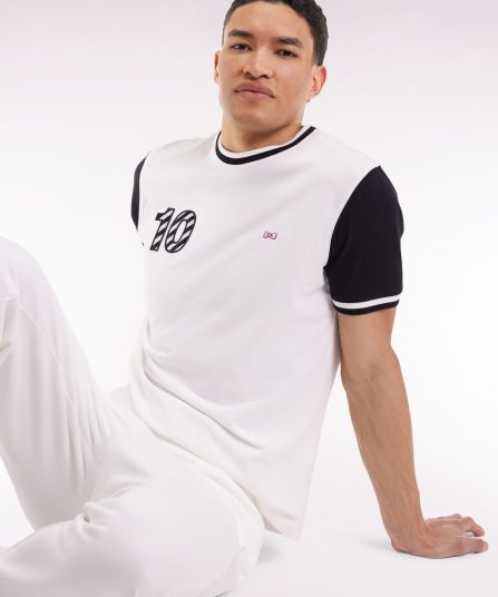 T-shirt bicolore à manches courtes en coton blanc broderie 10