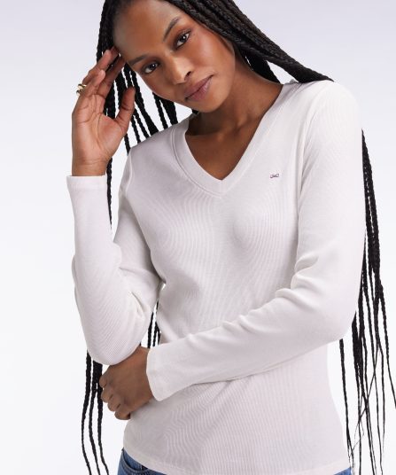 T-shirt à manches longues en coton Pima côtelé blanc coupe slim